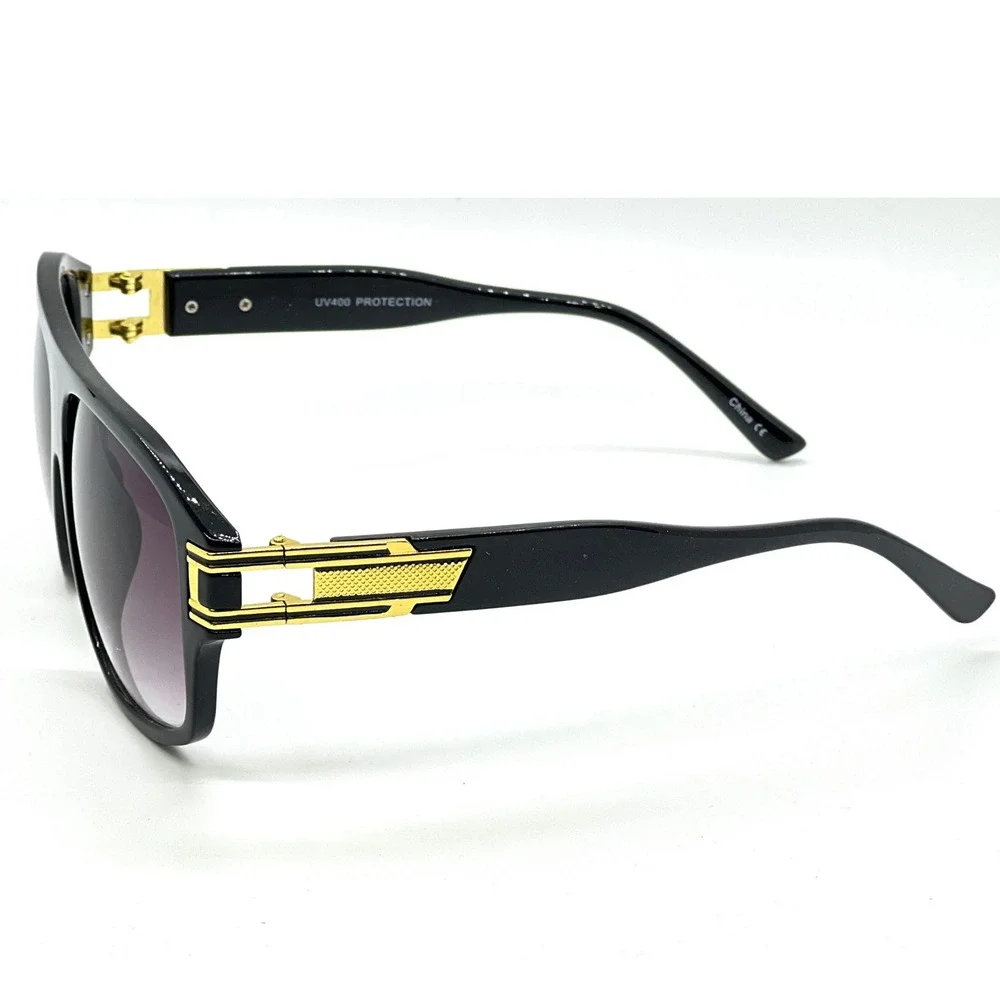 Flat Top Sunglasses Black Gold Accent UV400 Protection Fashion Shades Trendy New